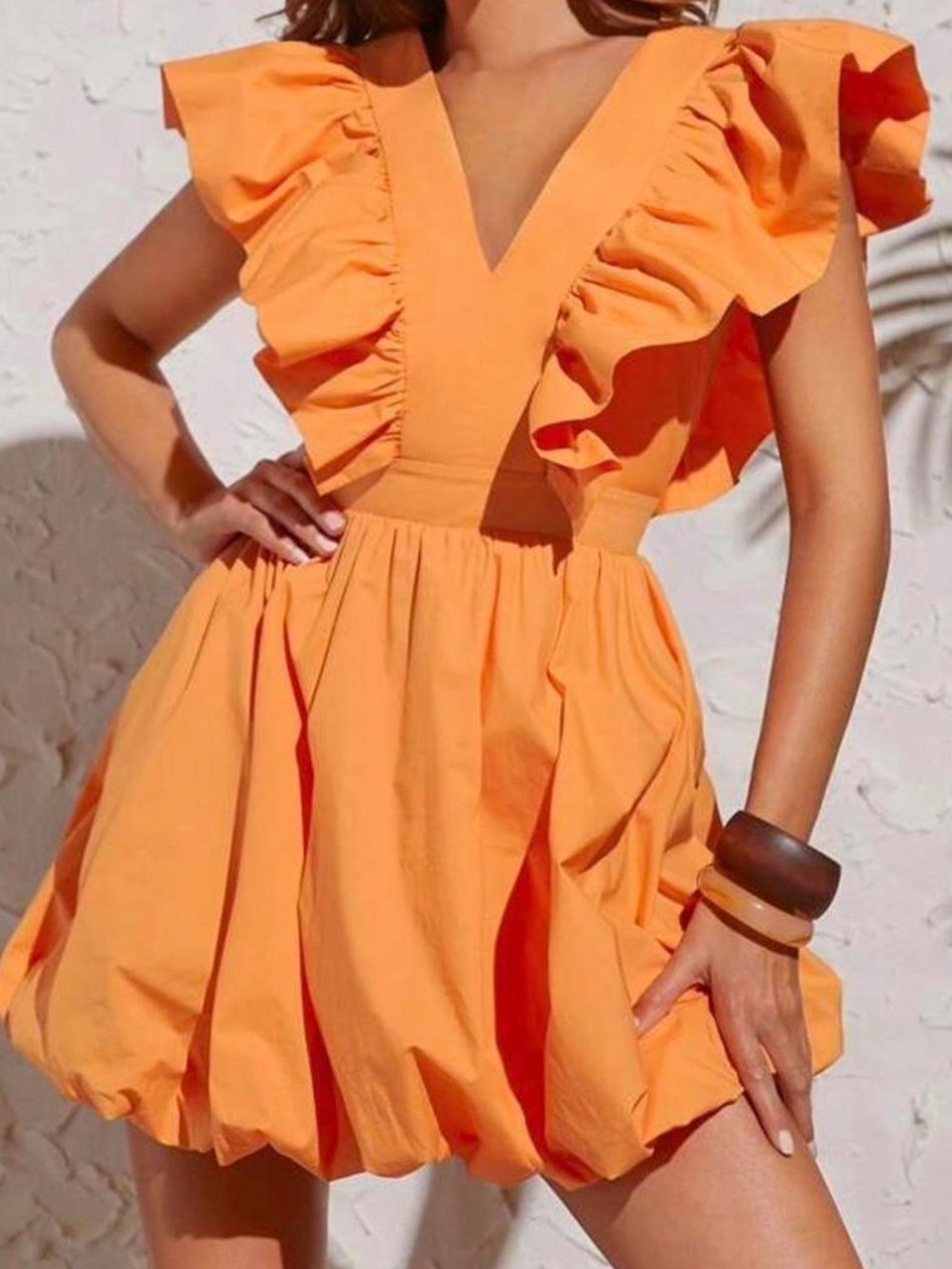 Ruffled V-Neck Orange Mini Dress